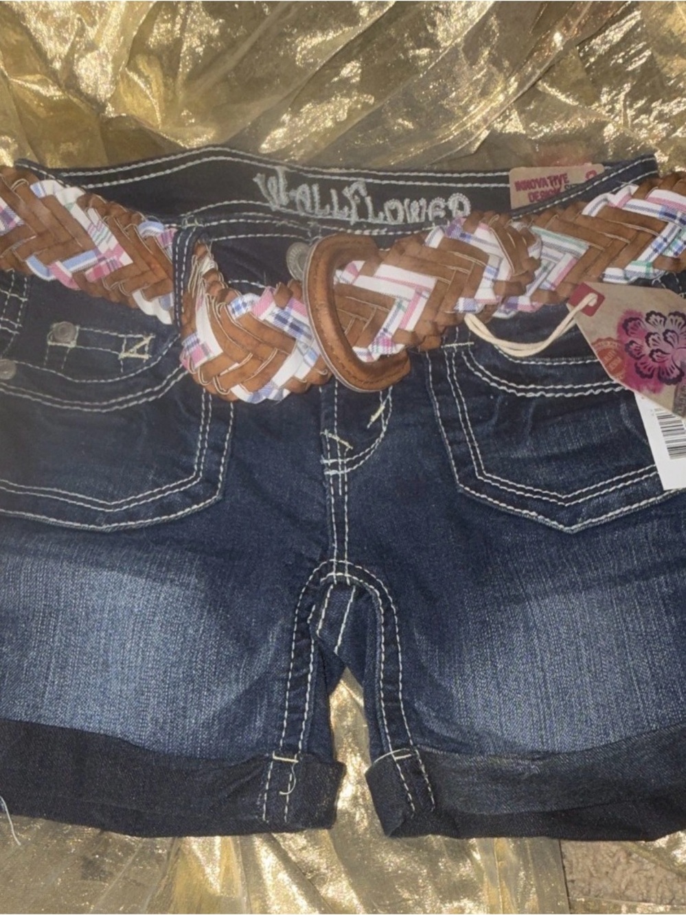 Wallflower Dark Blue Denim Shorts with Braided Pink & Brown Belt. NWT